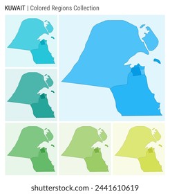 Colección de mapas de Kuwait. Forma de país con regiones de color. Paletas de colores azul claro, cian, verde azulado, verde claro, verde lima. Frontera de Kuwait con las provincias para su infografía. Ilustración vectorial.
