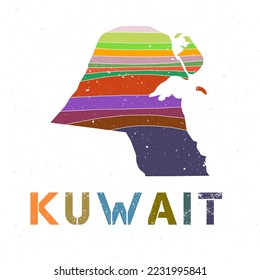 Kuwait map design. Shape of the country with beautiful geometric waves and grunge texture. Authentic vector illustration.