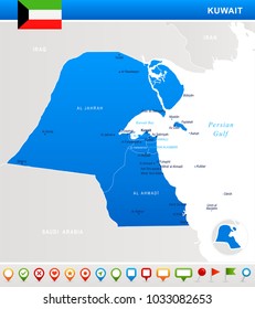 Kuwait map and flag - highly detailed vector illustration