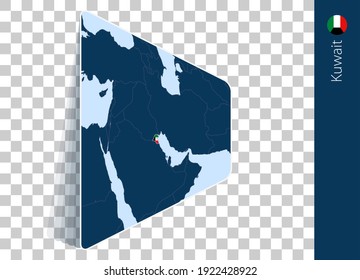 Kuwait map and flag on transparent background. Highlighted Kuwait on blue vector map.