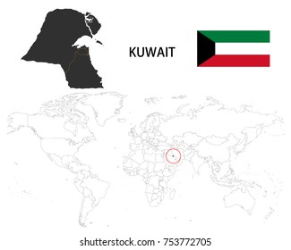 Kuwait map on a world map with flag on white background.