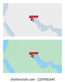 Kuwait map with pin of country capital. Two types of Kuwait map with neighboring countries. Vector template.