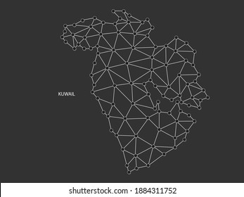 Kuwait Map Point scales on black background. Wire frame polygonal network white line, dot and shadow dot.