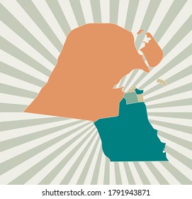 Kuwait map. Poster with map of the country in retro color palette. Shape of Kuwait with sunburst rays background. Vector illustration.