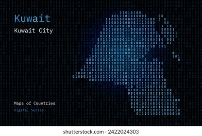 Kuwait Map Shown in Binary Code Pattern. TSMC. Matrix numbers, zero, one. World Countries Vector Maps. Digital Series