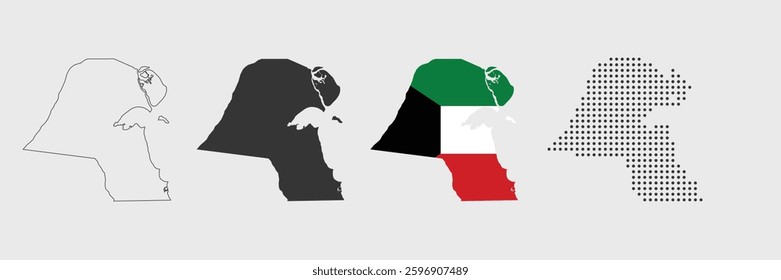 Kuwait map in various style outline, grey, flag color, dotted