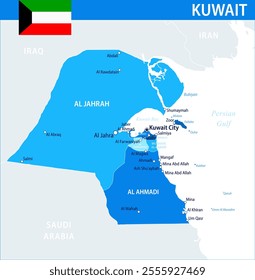 Kuwait Map Vector Blue Spot - Customizable layered political map of Kuwait with administrative divisions for website, education, reports, news, politics, print, poster and wallpaper