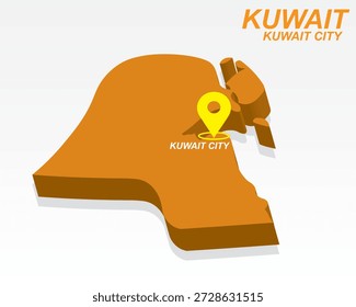 Kuwait Landkarte Vektor, Kuwait City Capital Marker auf Orange 3D Country Shape, Kuwait Infografik Design, bearbeitbare Zielzeiger Kuwait Geografie