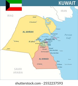 Kuwait Map Vector New 2024 Colorful - Customizable layered political map of Kuwait with administrative divisions for website, education, reports, news, politics, print, poster and wallpaper