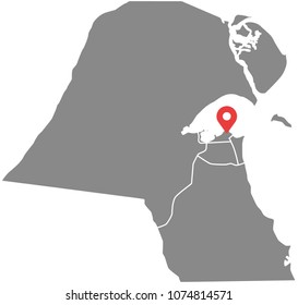 Kuwait map vector outline illustration with provinces or states borders and capital location, Kuwait City, in gray background. Highly detailed accurate map of Kuwait prepared by a map expert.
