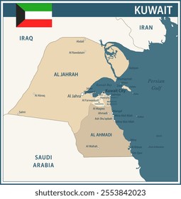 Kuwait Map Vector Vintage Dark Blue Beige - Customizable layered political map of Kuwait with administrative divisions for website, education, reports, news, politics, print, poster and wallpaper
