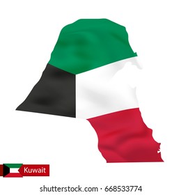 Kuwait map with waving flag of country. Vector illustration.