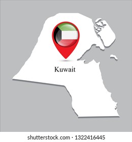 Kuwait map with white shadow and country name on the map. Check-in point with a national flag on a gray background.