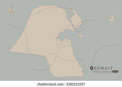 Kuwait Karte - Weltkarte Internationale Vektorvorlage Hoch detailliert mit brauner Farbe einzeln auf grauem Hintergrund einschließlich einfacher Position, Wind, Boot-Symbol - Vektorgrafik eps10