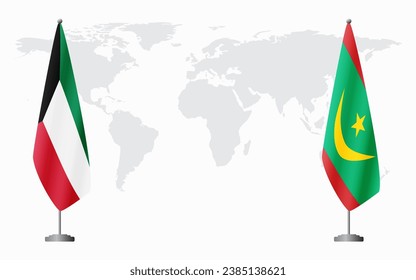 Kuwait and Mauritania flags for official meeting against background of world map.