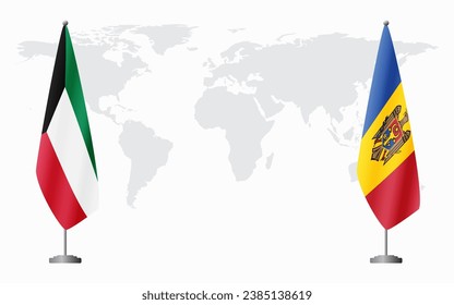 Kuwait and Moldova flags for official meeting against background of world map.