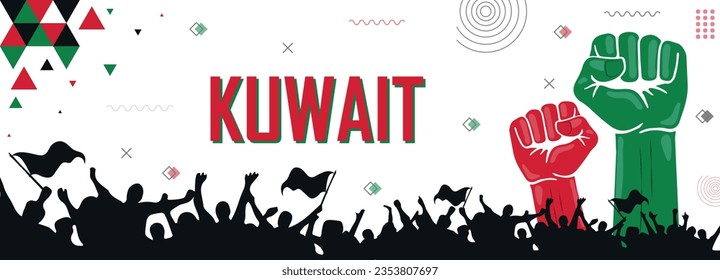 Kuwait nation flag color combination patriot banner, geometric abstract background, raised fist, human hand, cheering people, national celebration, strike, parade, riot, protest or rally