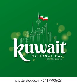 Kuwait National day with 3D ribbon flag. Bent waving 3D flag in colors of the Kuwait national flag