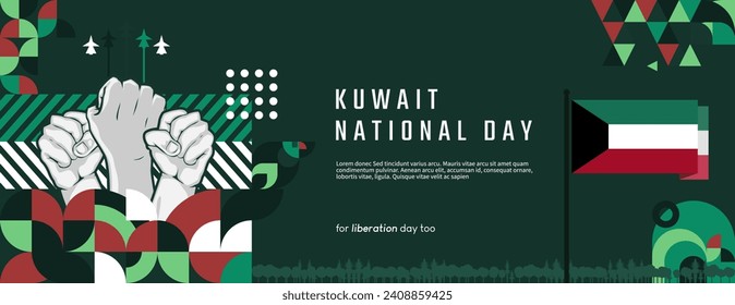 Kuwait National day banner in colorful modern geometric style. National Independence Day greeting card cover with typography. Vector illustration for liberation party