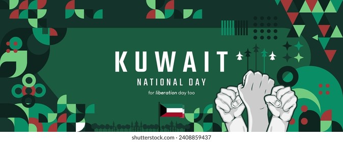 Kuwait National day banner in colorful modern geometric style. National Independence Day greeting card cover with typography. Vector illustration for liberation party