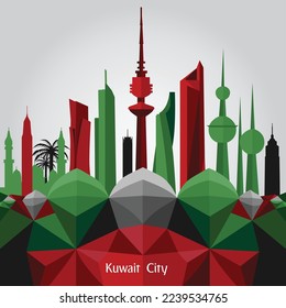 Kuwait national day banner with  Kuwaiti flag colors theme gray background with geometric abstract retro modern design. Map with Landmarks for independence day.