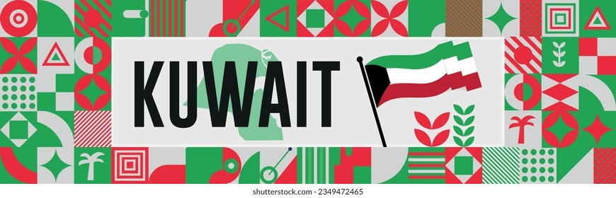 Kuwait national day banner with map, flag colors theme background and geometric abstract retro modern black yellow red design. abstract modern design.