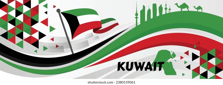 Banner del Día Nacional de Kuwait con su nombre en caligrafía árabe. Los colores de la bandera kuwaití temen el fondo blanco con un diseño geométrico abstracto retro moderno. Mapa con monumentos para el día de la independencia.