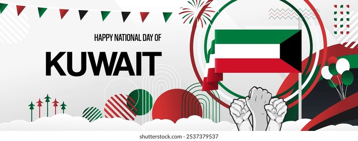 Kuwait national day festive banner. Vibrant modern templates for holiday celebration, greeting card, billboard, and sport event backdrops. February 25. Happy Kuwait day