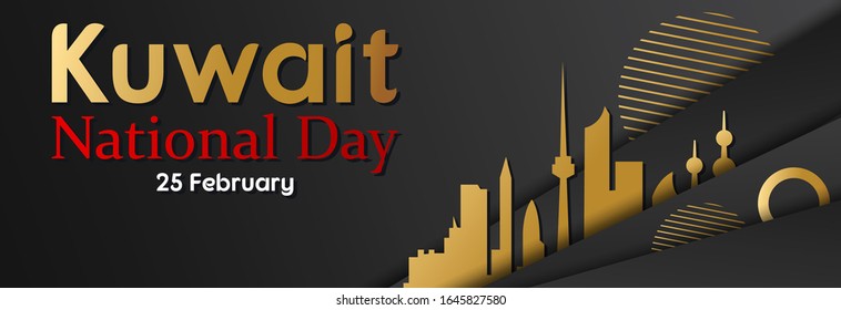 Kuwait National Day on 25 & 26 February. Kuwait towers and text in shiny golden color. Design template for banner, poster, flyer or invitation card. EPS 10.