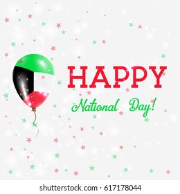 Kuwait National Day patriotic poster. Flying Rubber Balloon in Colors of the Kuwaiti Flag. Kuwait National Day background with Balloon, Confetti, Stars, Bokeh and Sparkles.