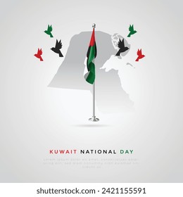 Publicación del Día Nacional de Kuwait y tarjeta de felicitación. Feliz Día Nacional de Kuwait con texto, Skyline e ilustración vectorial de las aves Origami.