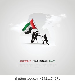 Kuwait national Day Post and Greeting Card. Happy National Day of kuwait with Text people carry kuwait flag, Skyline and Origami Birds Vector Illustration.