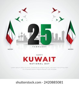 Kuwait National Day Social Media Post and Flyer Template. 25th February - National Day of Kuwait Celebration Greeting Card and Background with Text and Kuwait Flag Vector Illustration