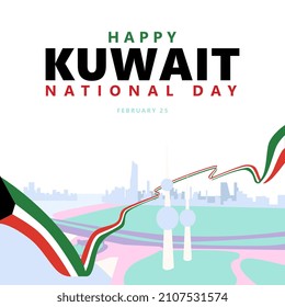 Kuwait national day vector illustration with a long flag and the surreal city skyline. Suitable for social media post.