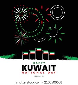 Kuwait national day vector illustration with national flag and fireworks within night sky.