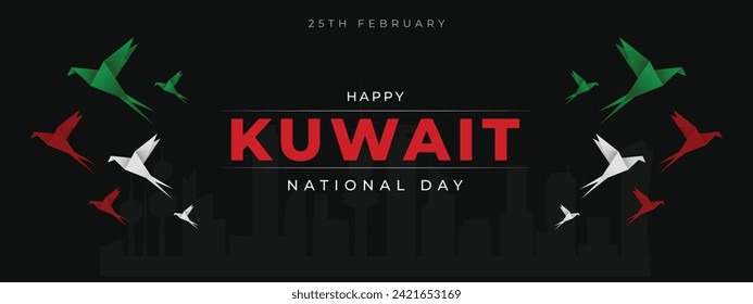 Kuwait National Day Website Header and Cover Design. 25th February - National Day Kuwait Celebration and Background with Origami Birds Vector Illustration