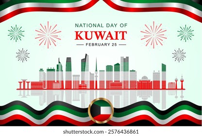 Kuwait national day25th February with flag color theme illustration with Kuwait skyline wavy ribbons. Vector Illustrations.