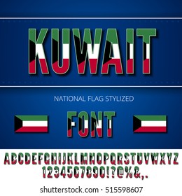 Kuwait national flag stylized font. Alphabet and Numbers in Vector Set