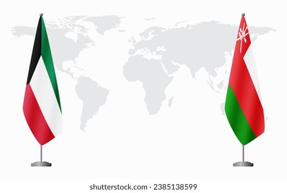 Kuwait und Oman Flaggen für offizielle Treffen auf dem Hintergrund der Weltkarte.