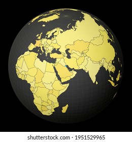 Kuwait en el oscuro globo con mapa del mundo amarillo. País resaltado con color azul. La proyección mundial por satélite se centró en Kuwait. Ilustración vectorial vibrante.