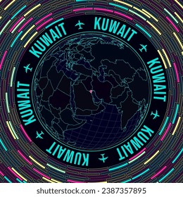 Kuwait auf der Welt. Die Satelitensicht der Welt zentrierte sich auf Kuwait. Heller Neonstil. Futuristische Radialziegeln, Hintergrund. Trendy Vektorgrafik.