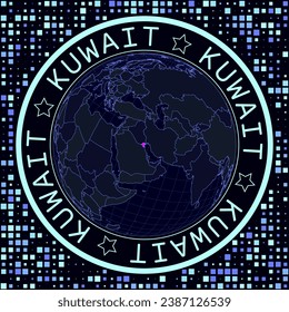 Kuwait on globe vector. Futuristic satelite view of the world centered to Kuwait. Geographical illustration with shape of country and squares background. Bright neon colors on dark background.