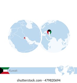 Kuwait on world globe with flag and regional map of Kuwait. Vector Illustration.