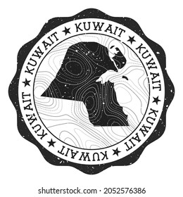 Kuwait outdoor stamp. Round sticker with map of country with topographic isolines. Vector illustration. Can be used as insignia, logotype, label, sticker or badge of the Kuwait.