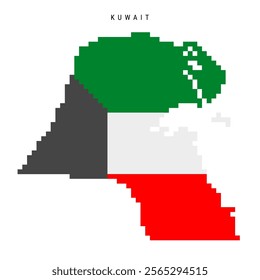 Kuwait pixel flag map icon. 8 bit pixel art Kuwaiti map covered with flag. Flat vector illustration isolated on white background.