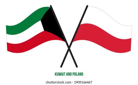 Kuwait and Poland Flags Crossed And Waving Flat Style. Official Proportion. Correct Colors.