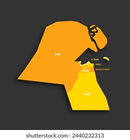 Kuwait politische Karte der administrativen Divisionen - Gouvernorate. Flache Vektor-Map mit gelben Schattierungen und abgeworfenen Schatten auf dunkelgrauem Hintergrund.