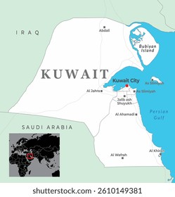 Kuwait Political Map with capital Kuwait city, most important cities with national borders