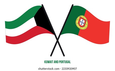 Kuwait and Portugal Flags Crossed And Waving Flat Style. Official Proportion. Correct Colors.