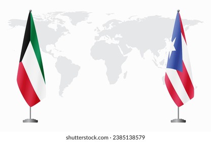Kuwait and Puerto Rico flags for official meeting against background of world map.